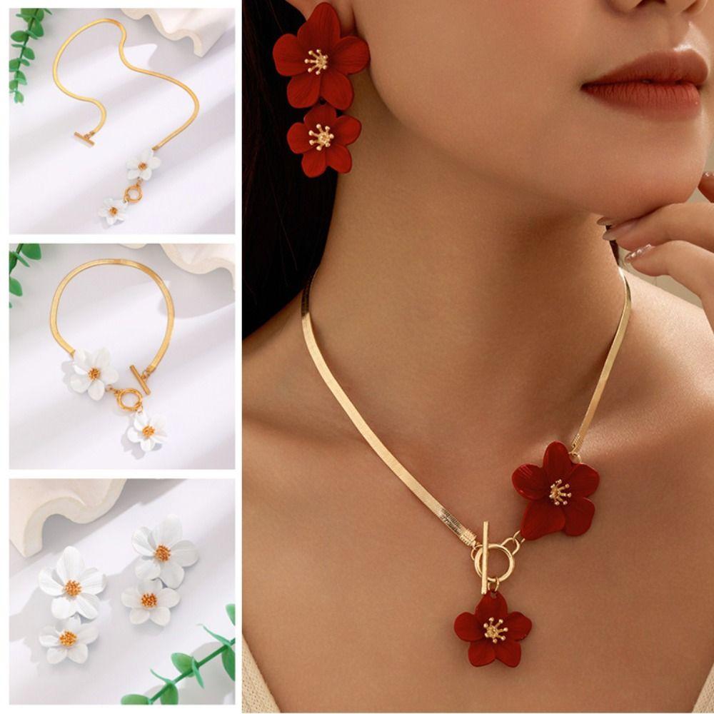 OT Buckle Flower Necklace Earrings Set Metal Pendant Jewelry Suit Flower Jewelry Set Gift