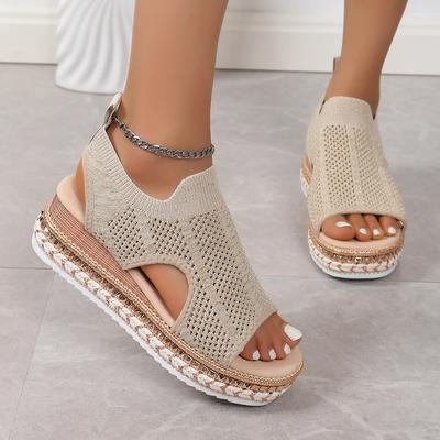 Mode Nouvelles Sandales Compensées d'Été Femmes Grande Taille Chaussures Confortables pour Femmes Tricot Élastique Enfiler Sandales de Marche Légères Femmes