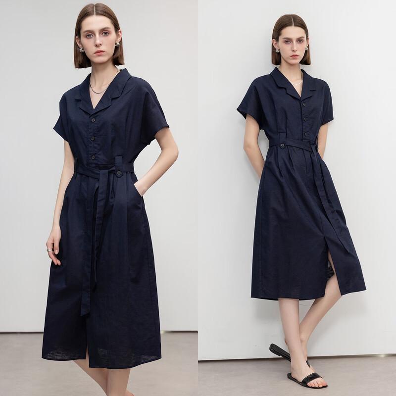 Demana Linen Blend Short Sleeve Lapel Tie-Waist Dress