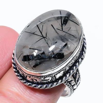 Natural Black Rutile Gemstone Handmade 925 Sterling Silver Ring Size 10 u2L42