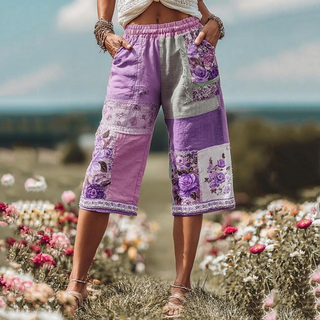 2025 Retro Floral Print Casual Women's 7-Point Pants Shorts