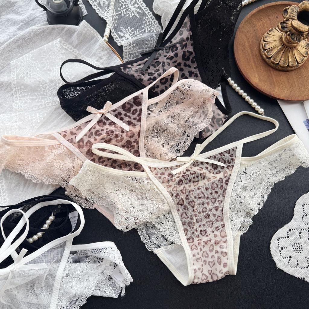 Lady Summer Sexy Lace Edge Leopard Print Mesh Low Waist Triangle Briefs