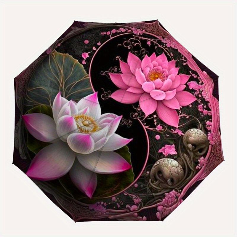 Lotus Flower Yin Yang Symbol Art Print Poster Wall Decor Umbrella, Portable 3 Fold Compact Umbrella for Men & Women,S97