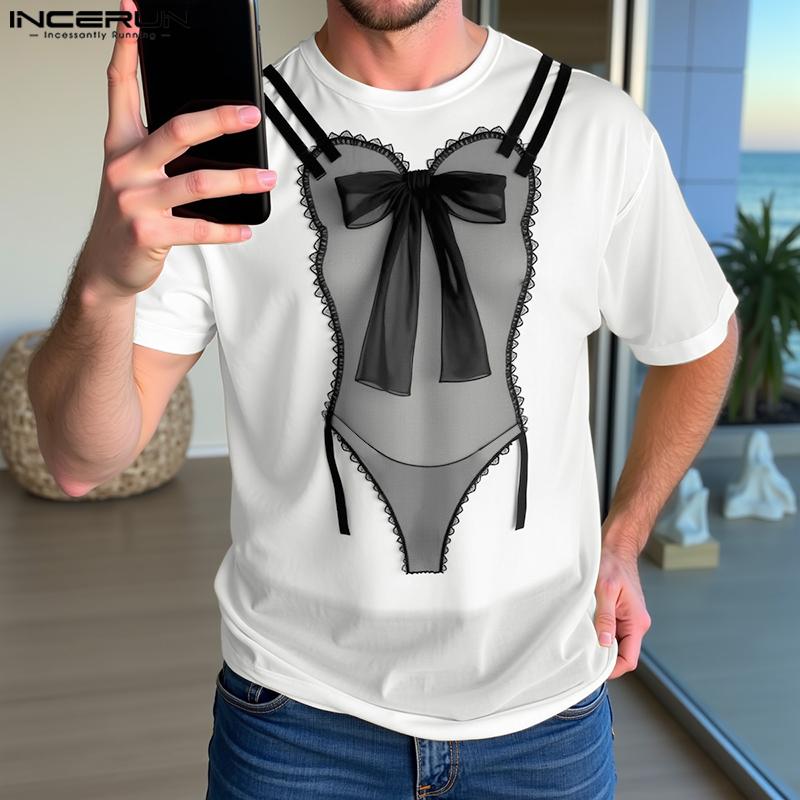 INCERUN Men Short Sleeves Funny Print See Through Casual Losee Tee Tops