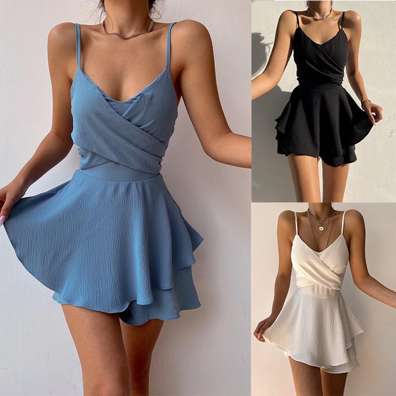 

2022 Summer Women s Solid Color Zipper Sling Jumpsuit Small