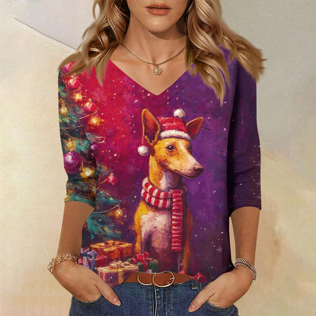 3/4 Sleeve Shirts For Women Print Christmas Tees Blouses Casual Plus Size Basic Tops Pullover