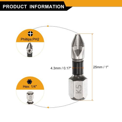 uxcell 5-Piece Set of Phillips Bits, PH2 Screwdriver Bits, 25mm Long, Hex Shank, Strong Magnetic Bits, Non-Slip, for Electric Screwdrivers, Silver