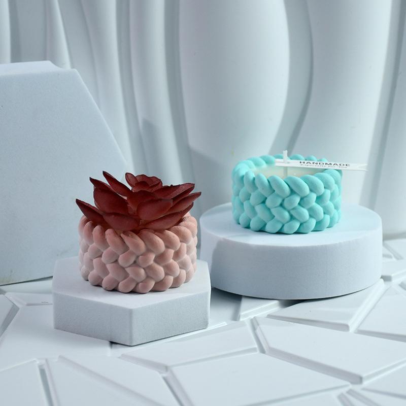 Woven Candle Jar Silicone Mold DIY Round Concrete Flowerpot Casting Molds Plaster Resin Storage Box Craft Making Home Decor