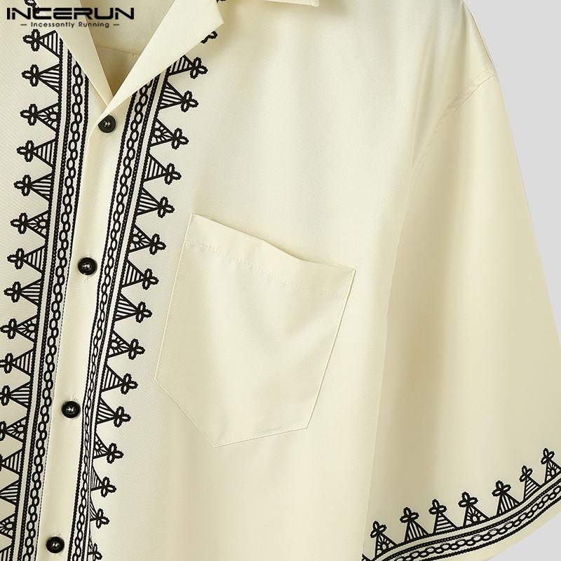 INCERUN Men Oversized Lapel Neck Half Sleeve Print Casual Loose Shirts Tops
