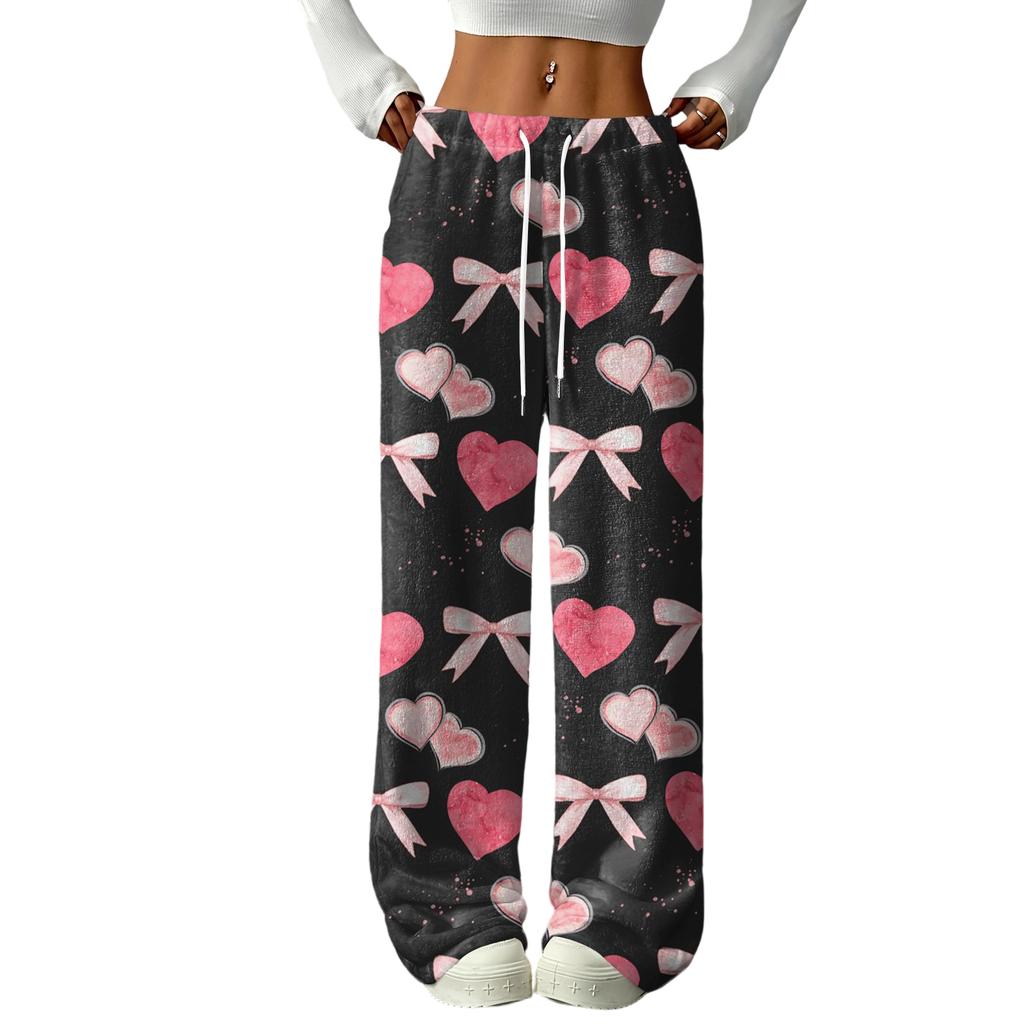 Women's Casual Fashion Printed Elastic Waist Loose Straight Leg Pants With Rope
