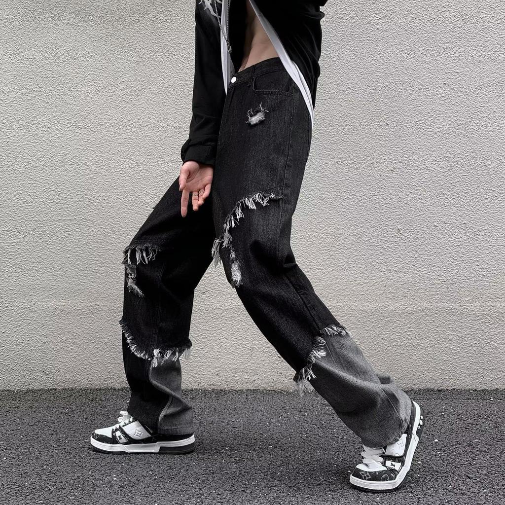 Men's European-Style Black Tassel Jeans - Trendy, Skinny Fit, Elastic, Raw Edge, Korean Fashion.