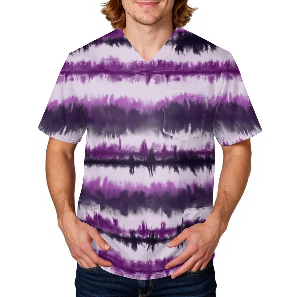 Unisex V Neck Short Sleeve Printed Scrub Top with Pocket and Tie Dye Pattern for Uniform