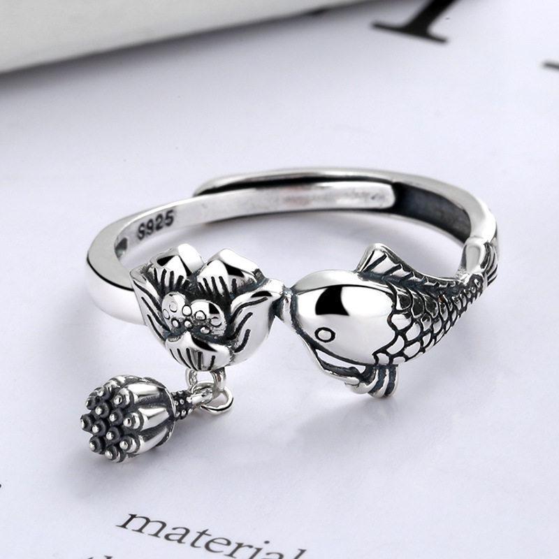 Lucky Koi Silver Adjustable Ring - Women s 925 Sterling Retro Ethnic Style with Lotus Pod and Fish Design for Abundance Adjustable