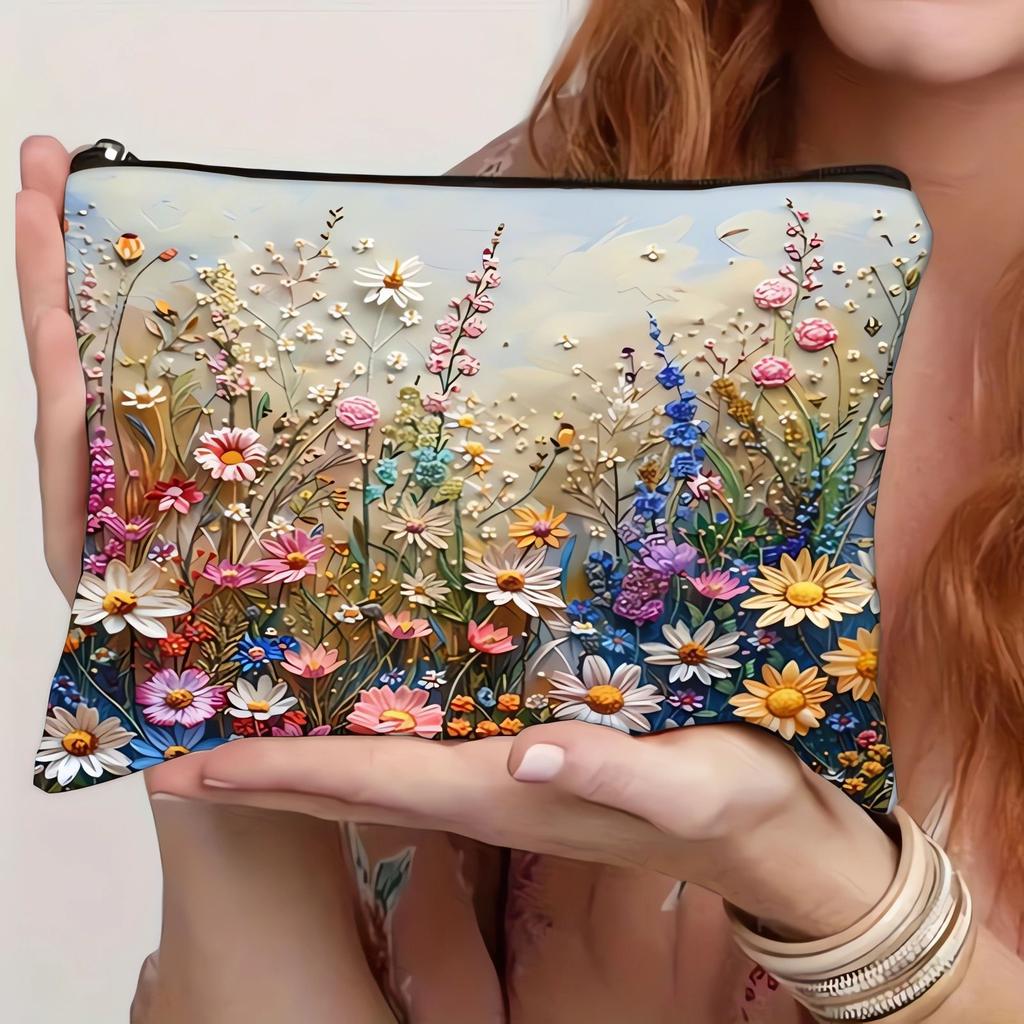 Floral Travel Cosmetic Bag (2D Flat Non-Embroidery) Fashionable Style Zipper Cosmetic Storage Bag, Portable Multi-Function Case