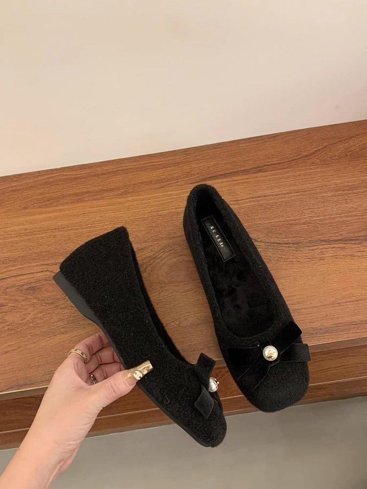 Evening wind shoes French bow inner height increase velvet single shoes fluffy shoes autumn and winter Xiaoxiangfeng women's shoes with skirts