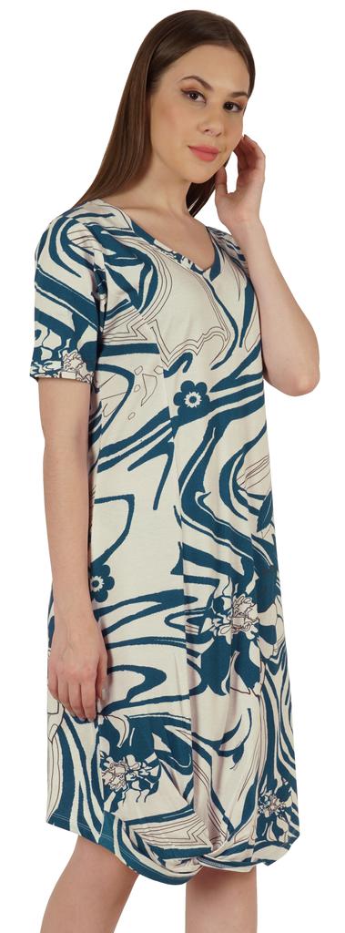 Moomaya Cotton Jersey Printed Midi Dress For Women V-Neck Summer Short Sleeves Knee Length