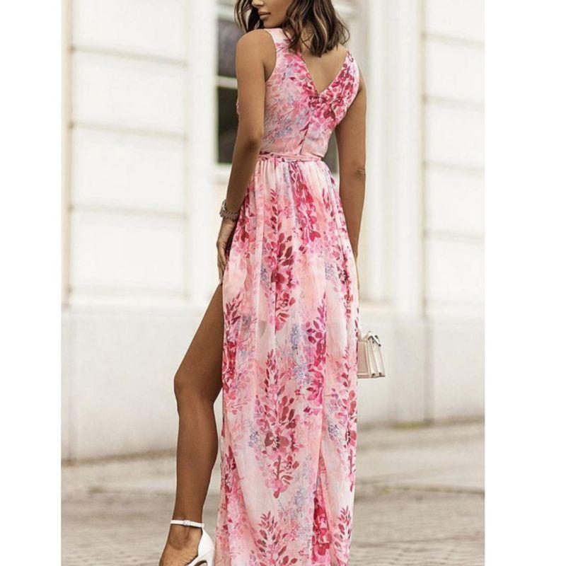 Bohemia Summer New Front and Back V-neck High Waist Shoelace Floral Print Slit Chiffon Sleeveless Dress Long Dress for Women