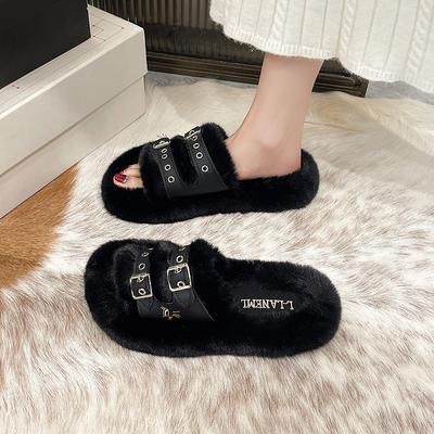 Fashion Women Winter Fashion Soft Warm New Comfort Flat Fur Slipper Outside Fluffy Slippers Indoor Soft Plush Shoe Women Luxury Slippers