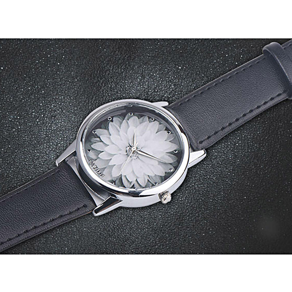 

Модные кожаные аналоговые кварцевые наручные часы с цветком чёрный