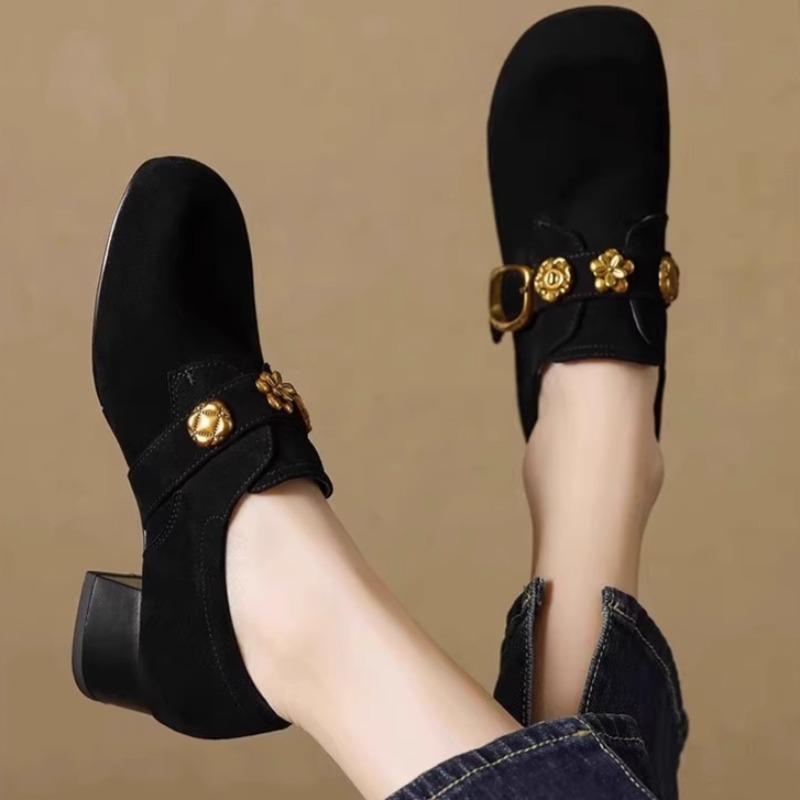 Metallschließe Blockabsatz Einzelne Schuhe Mode Quadratische Zehenpartie Tiefer Ausschnitt Wildleder Rutschfest Verschleißfest Kitten Heels