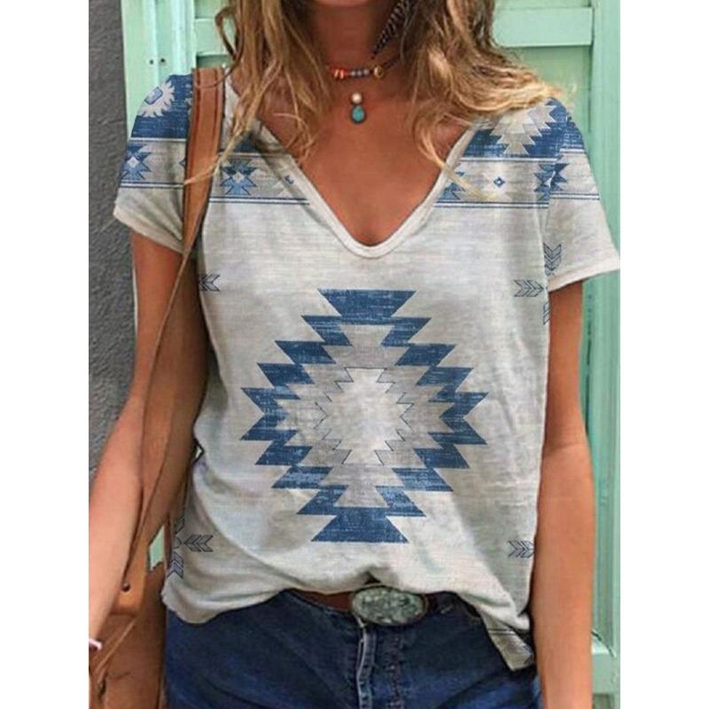Summer V-neck 3D Retro Ethnic Style Printed Top Fashionable Casual Short Sleeved Women's T-shirts