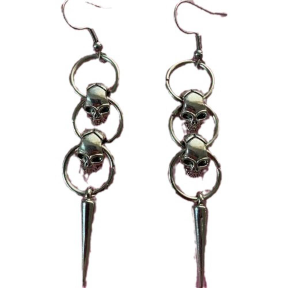 Punk Gothic Silver Color Stainless Steel Skull Pointed Conical Tip Tassel Pendant Dangle Earrings for Women Halloween Jewelry