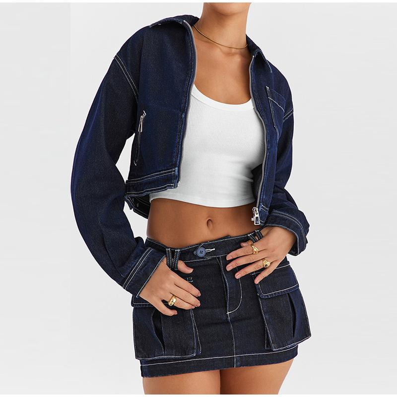 Women Denim Jackets Turn Down Collar Zippers Coats 2025 Spring Long Sleeve Basics Pockets Washing Solid Color Slim Outerwear