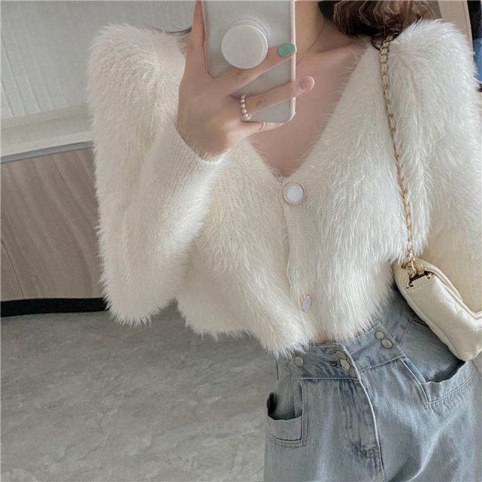 Spring Autumn Women V-neck Imitation Mink Fur Soft Mohair Knitted Sweater Cardigan Coat Short Top