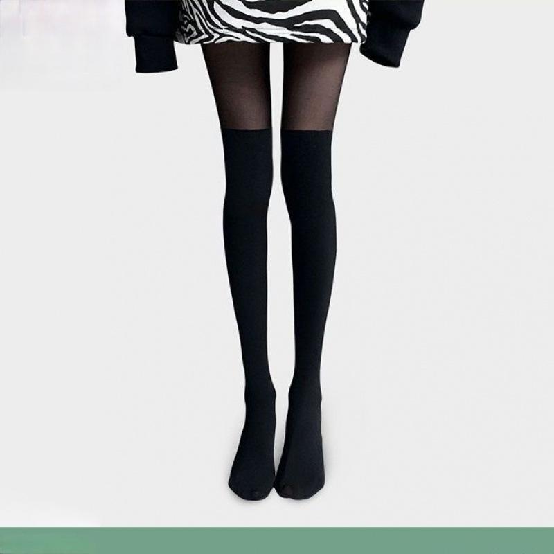 

White Splicing Over-the-Knee JK Lolita Stockings - Thin Spring/Summer Black Silk Calf Socks for Women One Size
