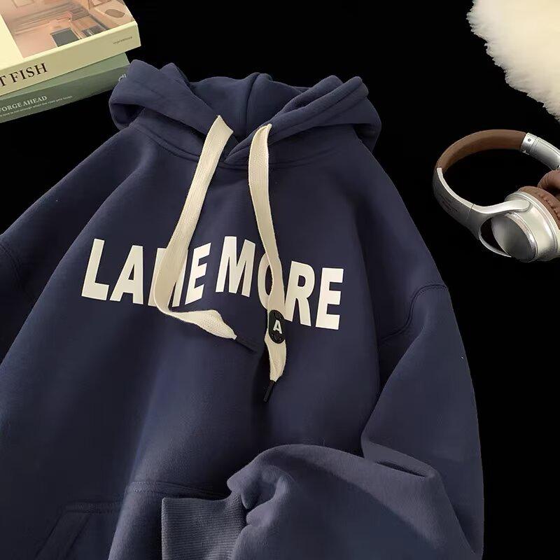 Unisex Loose Fit Thickened Velvet Hoodie with Logo Print for Autumn/Winter 2025