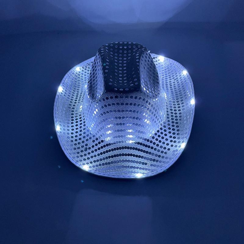 Four Color Led Light Up Western Cowboy Hat With Sequin Pattern For Party Cosplay Stage Performance