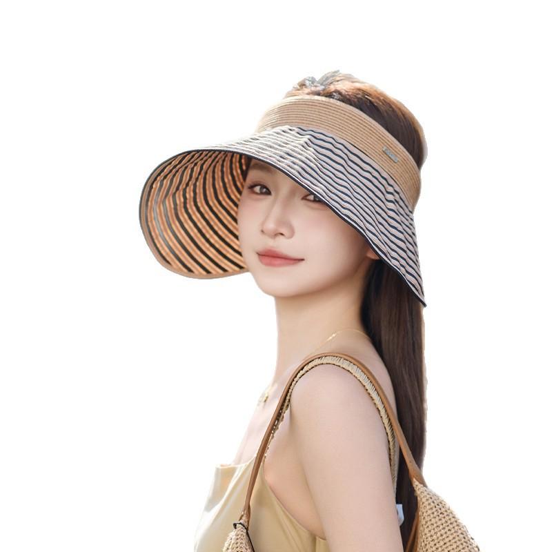 Empty Top Sun Protection Hat Women'S Summer Big Brim Line Sun Hat Foldable Crimped Straw Striped Sun Hat