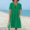 Vestido Feminino de Algodão e Linho Manga Curta Decote V Linha A Rodado Verão Casual Praia Férias Vestido de Sol com Bolsos
