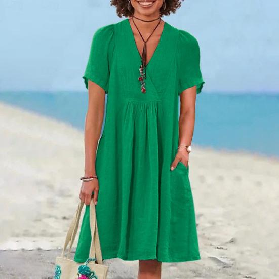Vestido Feminino de Algodão e Linho Manga Curta Decote V Linha A Rodado Verão Casual Praia Férias Vestido de Sol com Bolsos