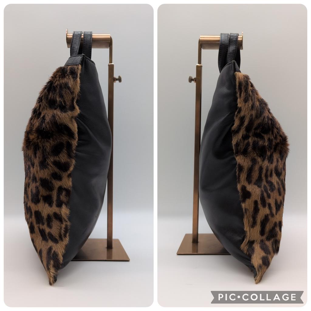 LOEWE Unborn Calf Leopard Print Fur Tote Bag Handbag Nappa Leather Black Auth