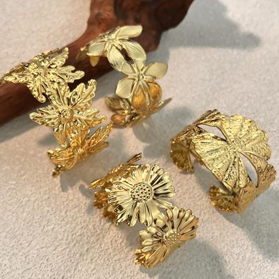 New Retro Stainless Steel Wide Cuff Bangle for Women Gold Color Daisy Lily Ginkgo Leaf Opening Bracelet Femme Aesthetic Jewelry
