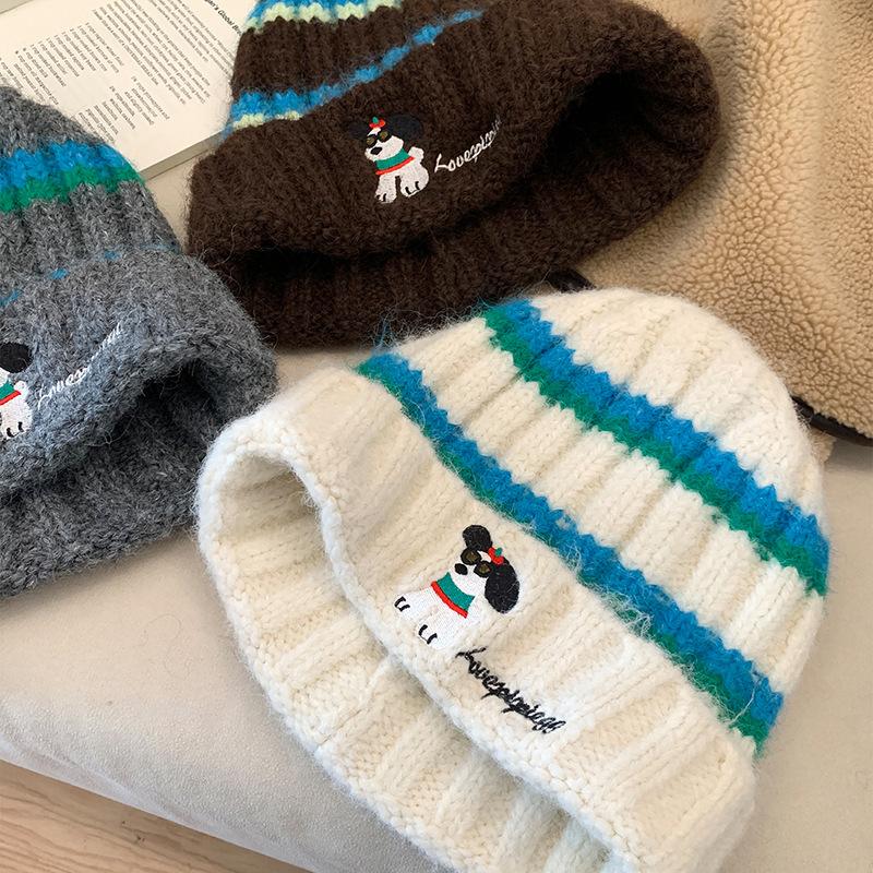 Sunglasses Puppy Embroidery Striped Wool Hat Female Autumn and Winter Face Small Knitted Hat Big Head Circumference Warm Cold Hat