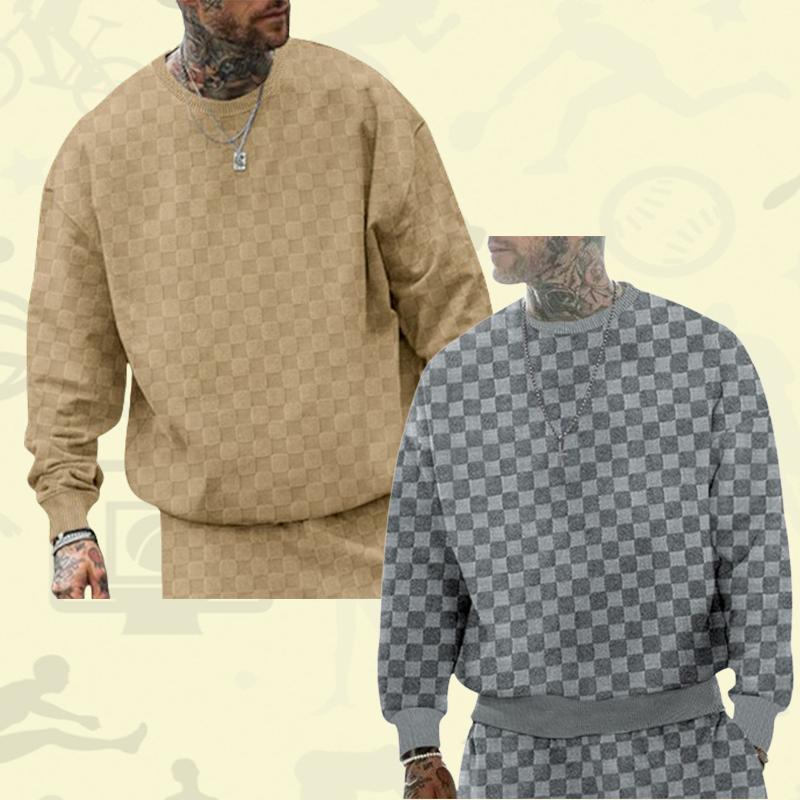 Men's Round Neck Jacquard Chessboard Base Layer Top Casual Long Sleeve Sweatshirts