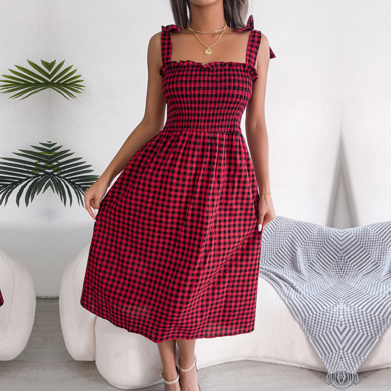 

Женское повседневное платье без рукавов с лямкой на шее и лямкой на шнуровке, контрастное клетчатое длинное платье с высокой талией, S-XL XL красный