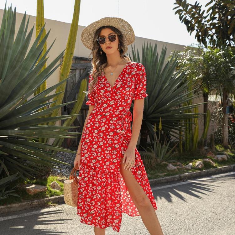 

Bohemian Sexy Summer Chiffon Print V Neck Short Sleeve High Waist Lace Up Dresses Sizes S To XXL S красный