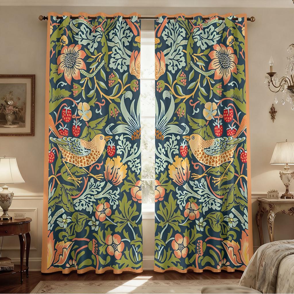 2pcs Retro Beautiful Pattern Printed Perforated Blackout Curtains Multiple Sizes Living Room And Bedroom Insulation Decoration