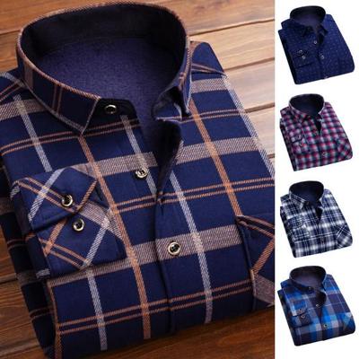 Men Fall Winter Shirt Color Matching Plaid Print Thick Plush Long Sleeve Lapel Single-breasted Cardigan Formal Business Style Mid-aged Father