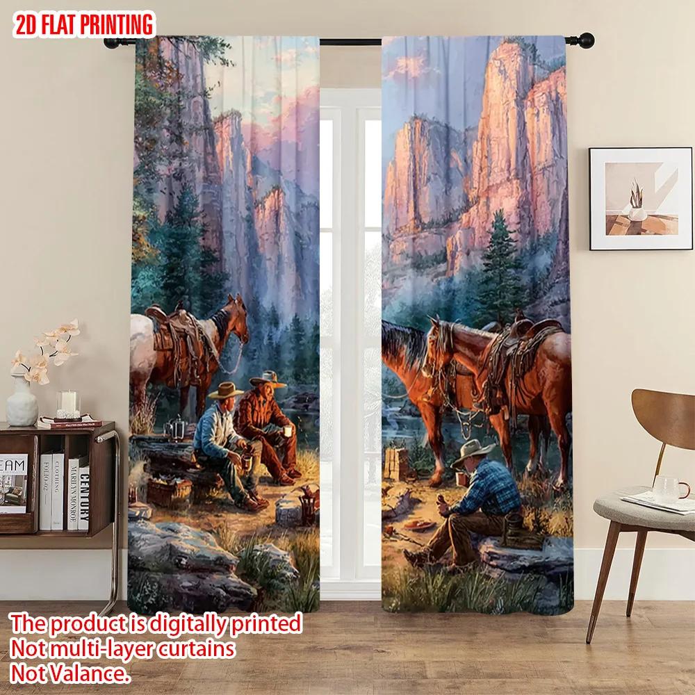2pcs   plane printing Curtains Digital Printed Cowboy and Horse Polyester Easy Install (without rod) Art Deco Festive Use for
