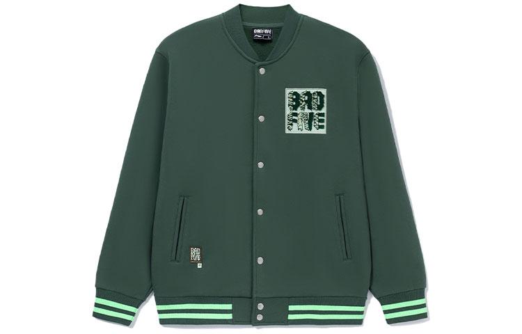 Li Ning Badfive Embroidery Logo Loose Fit Fleece Lined Knitted Fabric Baseball Jacket Men s Green AJDS039-4 S