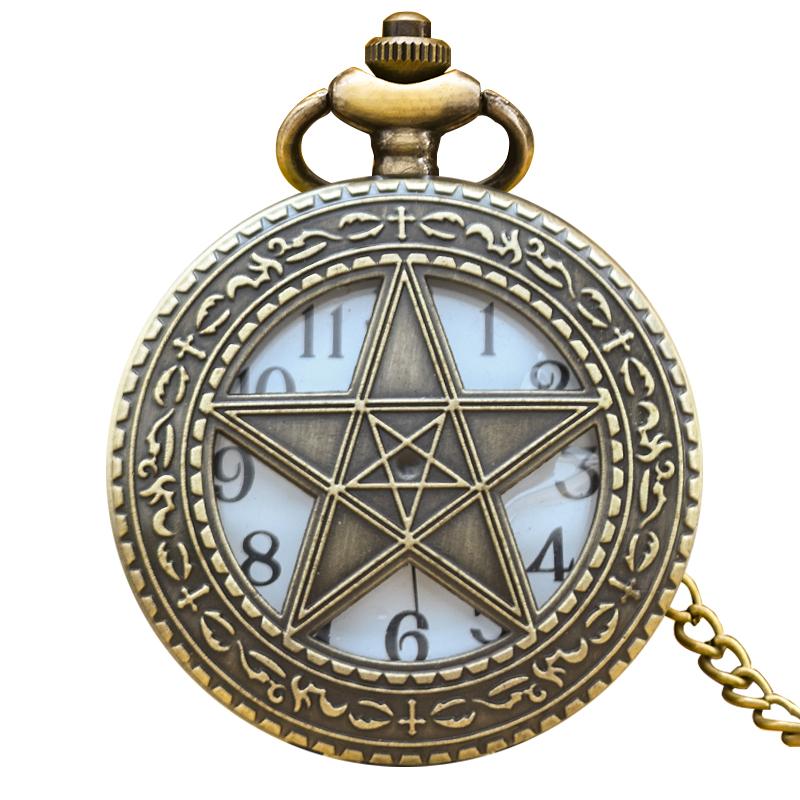 Vintage Bronze Clamshell Pentagram Hollow Carving Male Female Gift Quartz Pocket Watch