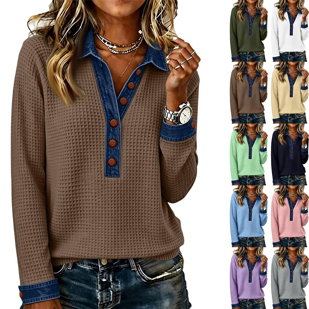 Damen Freizeit-Oberteil mit kurzen Ärmeln und Denim-Patchwork für den Alltag