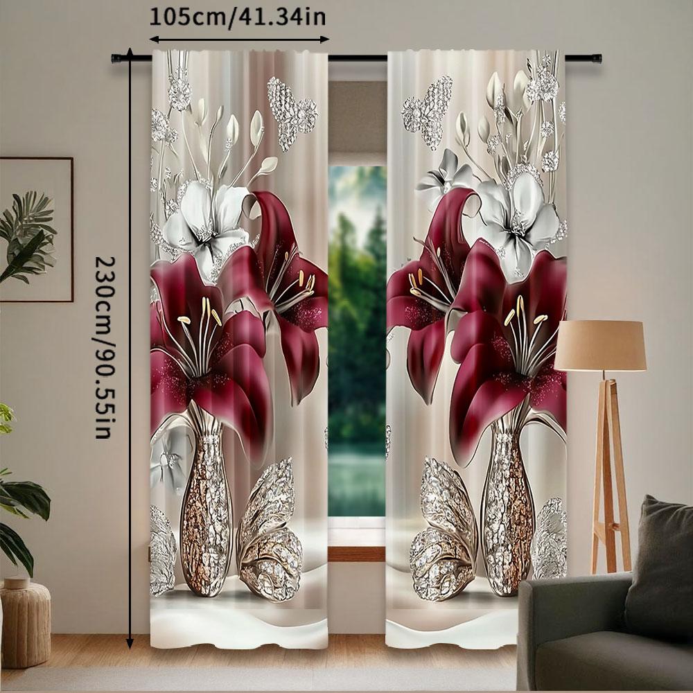 Elegant Stylish White Red Floral Printed Curtains Suitable Bedroom Kitchen Dining Room Living Study Set Of 2 Made Polyester Sitting Decor