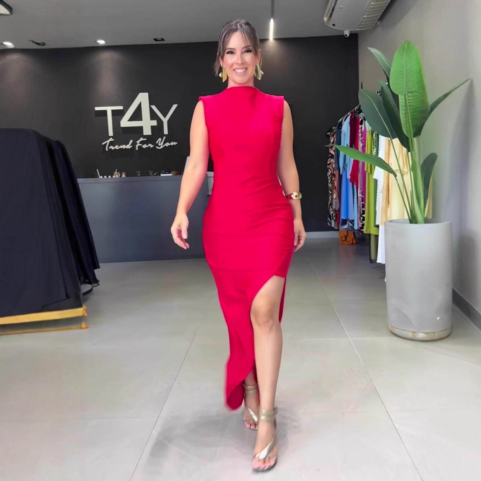 2025 Ins Fashion Women s Autumn Solid Color Sleeveless Round Neck High Waist Slit Dress M красный