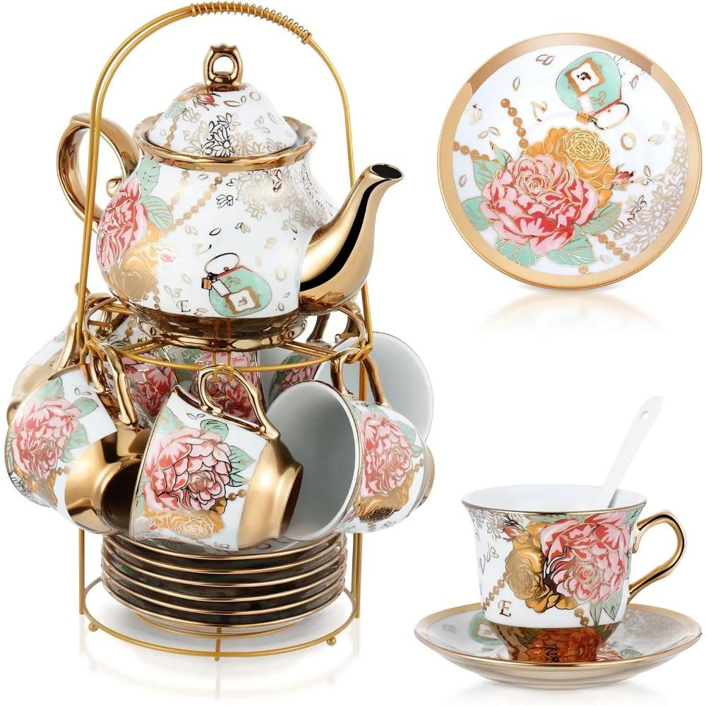 20 Pcs Porcelain Tea Set with Metal Holder and Spoon Adult Ceramic Tea Party Set European Flower Painting Teapot Cup Saucer