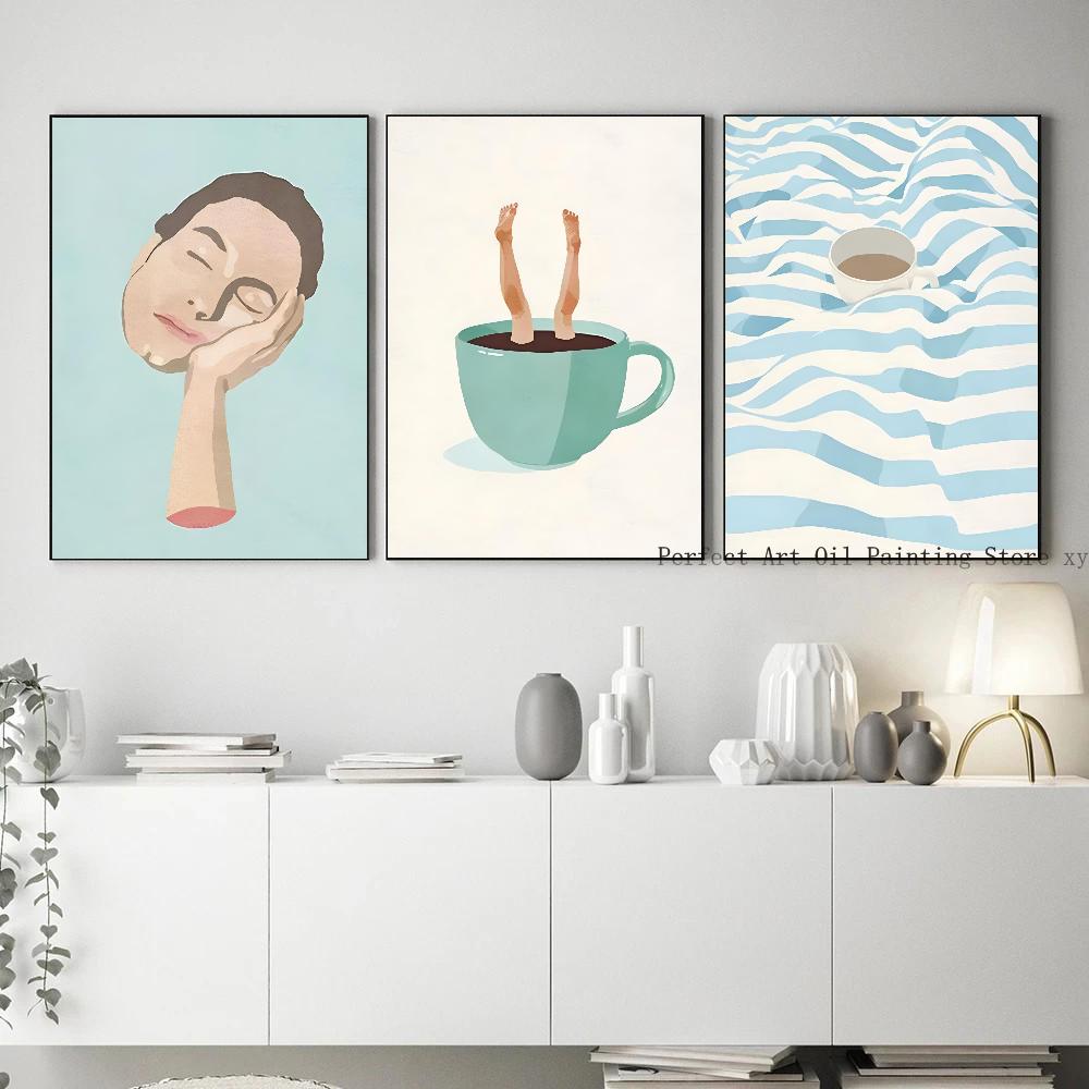 Abstract Figure Cup Thinking Coffee Girl Daily Life Nordic Poster HD Posters Home Room Bar Cafe Decor Art Wall Painting Picture